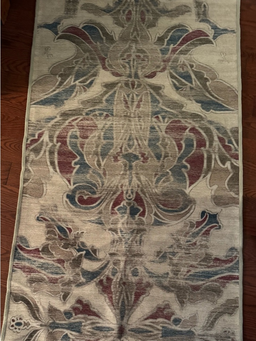 Decorative Ivory Area Rug Runner with Red, Blue and Taupe Pattern